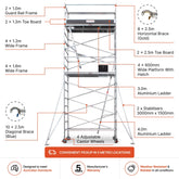 5.9m - 6.2m Wide Aluminium Mobile Scaffold Base Tower with 2 Outriggers & Kickboards
